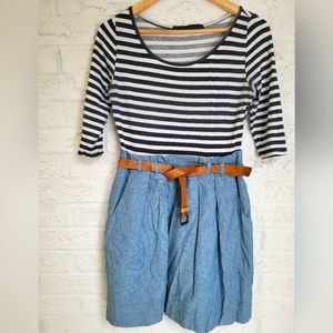 Denim & Striped Tee Dress, comes with Tan Belt.